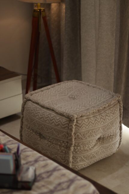 Adorestory Cotton Square Beige Ottoman Pouf